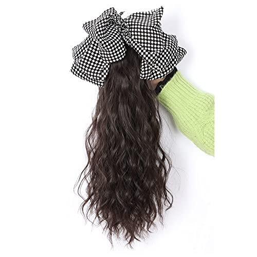 Synthetische Perücke Perücke Pferdeschwanz Schleife Haarschmuck Mädchen Greifclip Wasser Ripple Pferdeschwanz Zopf Hochwertige Perücke Cosplay Perücke (Color : Brown-black, Size : Checkerboard bow) von GRFIT