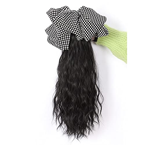 Synthetische Perücke Perücke Pferdeschwanz Schleife Haarschmuck Mädchen Greifclip Wasser Ripple Pferdeschwanz Zopf Hochwertige Perücke Cosplay Perücke (Color : Schwarz, Size : Checkerboard bow) von GRFIT