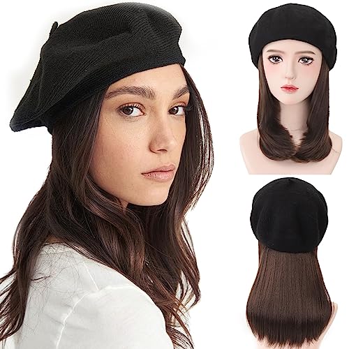 perücken mit kapuze Baskenmütze Perücke Damen Hut Perücke Kurze Gerade Synthetische Perücke Schwarze Baskenmütze Haarverlängerungen 16 Zoll Glattes Haar for Damen perücke (Color : Cool Brown) von GRFIT