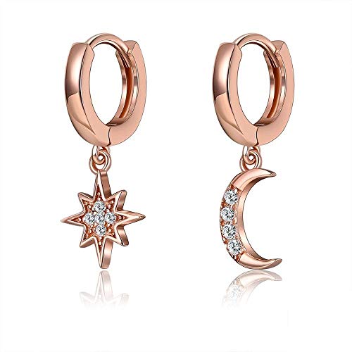 GRGFG Tropfen Ohrringe Für Frauen,Roségold 925 Silber Asymmetrie Stern Und Mond Zirkon Creolen Hypoallergen Lightweight Drop Anhänger Schmuck Ohrringe Für Frauen Mädchen Party Hochzeit Valentinstag G von GRGFG