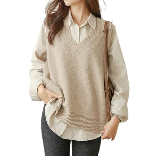 Strickweste Damen,Frauen Strickwesten Pullover Vintage Fashion Einfarbig Rowan Trim Cami Weste V-Ausschnitt Ärmellose Pullover Weste Lässige Lose Pullover Tank Top Adrette Herbst Winter,Apricot,Xxl von GRGFG