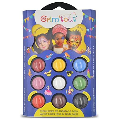 Grim'tout Make-up-Palette für Karneval – 9 Farben x 3 ml – Komplettset mit Pinsel, Schwamm und Buch – ideal für Kinder und Erwachsene – Make-up für Gesicht und Körper – hypoallergen für die Haut Grim'tout Make-up-Palette für Karneval – 9 Farben x 3 ml – Komplettset mit Pinsel, Schwamm und Buch – ideal für Kinder und Erwachsene – Make-up für Gesicht und Körper – hypoallergen für die Haut von GO MANGA