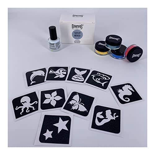 GRIMAS Glitzer-Tattoo Set Sparkling Aqua, Profi-Schminkset, wasserfest, wischfest, fürs Kinderschminken, Karneval, Halloween und mehr, sehr hautverträglich, plastikfrei, Wassermotive von GRIMAS