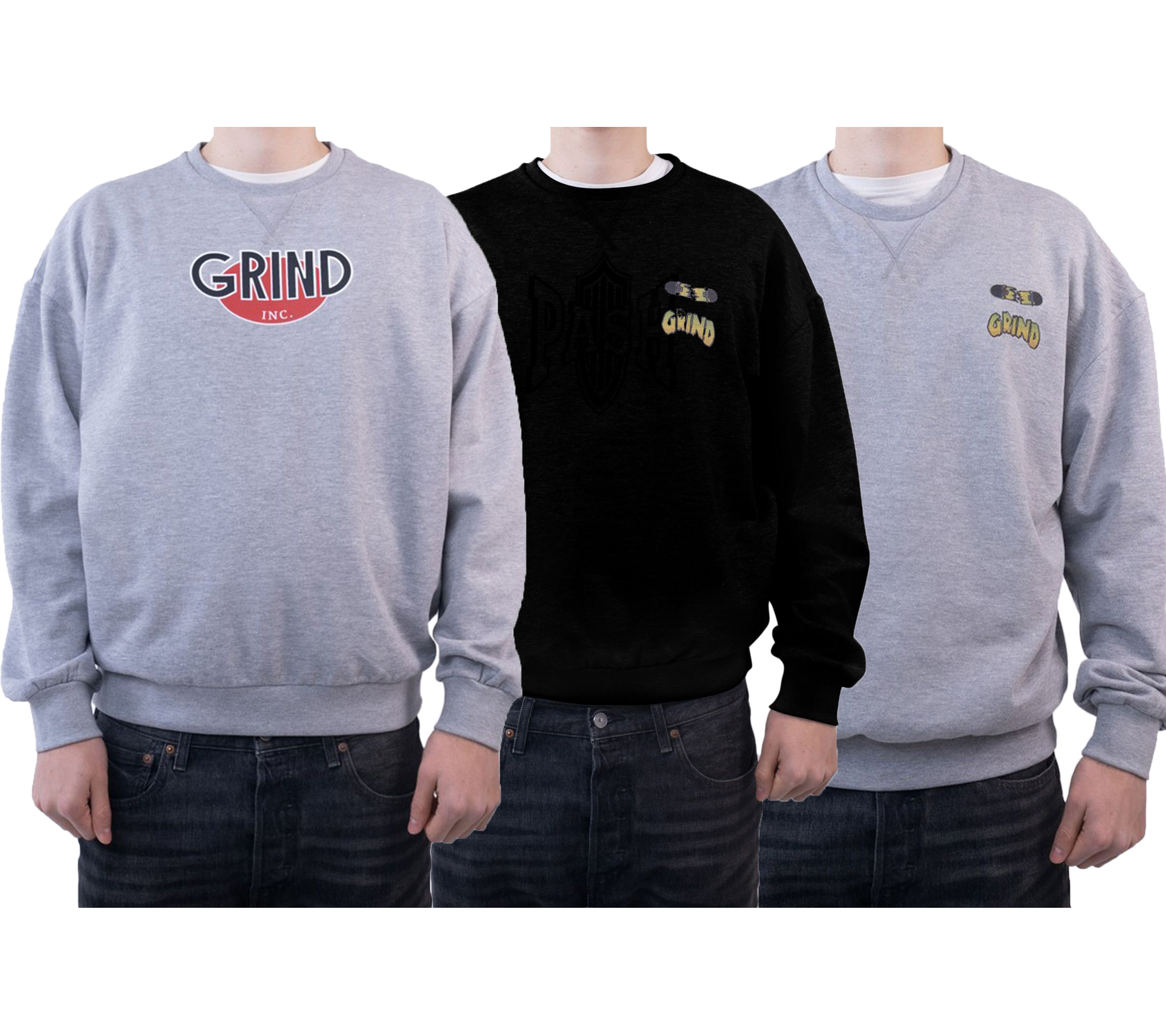 GRIND Inc Sweat Herren Rundhals-Pullover mit Print Sweater Logo GISR001 oder Creepy GISR002 Grau, Schwarz von GRIND Inc