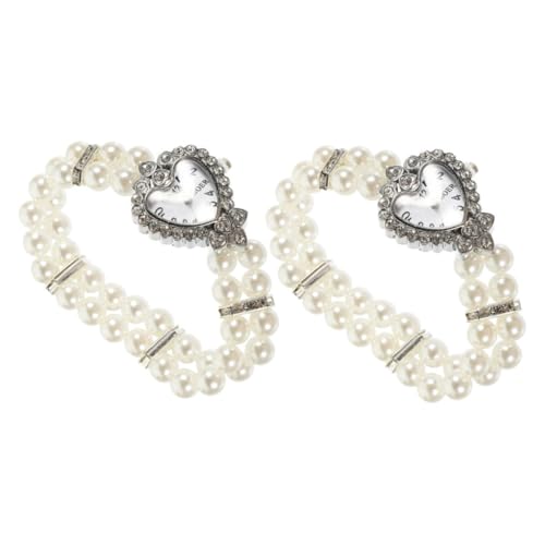 GRIRIW 2 Stück Elegante Damenuhr mit Kleinem Quadratischem Doppelte Perlenarmband Elastik Strassbesatz Teiliges Stilvolle Armbanduhr für Frauen Vielseitig Kombinierbar von GRIRIW