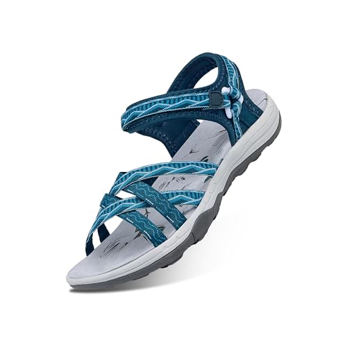 GRITION Frauen Wandernsandalen Sommer Damen Trekking Sport Wasser Sandalen Flach Cross-Tied Beach Peeptoe Verstellbare klettverschluss Walking Schuhe MEHRWEG (41 EU, Dunkel Blau) von GRITION