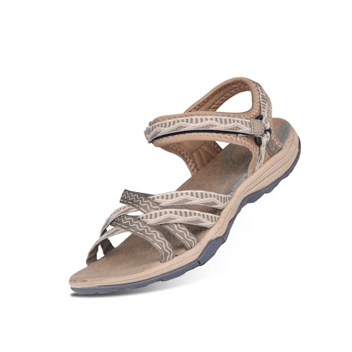 GRITION Frauen Wandern Sandalen, Damen Outdoor Sport Wasser Schuhe Sommer Flach Cross-Tied Beach Sandalen Open Toe Verstellbare klettverschluss Walking Schuhe Schwarz (EU 38, Taupe/Stein) von GRITION