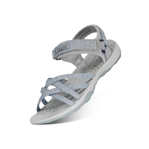 GRITION Frauen Wandernsandalen Sommer Damen Trekking Sport Wasser Sandalen Flach Cross-Tied Beach Peeptoe Verstellbare klettverschluss Walking Schuhe MEHRWEG (36 EU, Blau) von GRITION