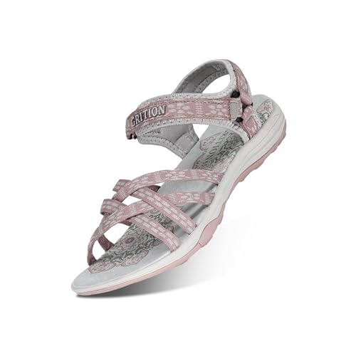 GRITION Frauen Wandernsandalen Sommer Damen Trekking Sport Wasser Sandalen Flach Cross-Tied Beach Peeptoe Verstellbare klettverschluss Walking Schuhe MEHRWEG (36 EU, Rosa) von GRITION