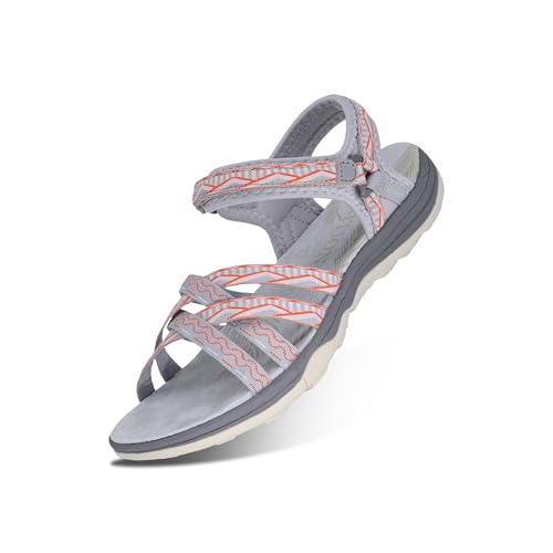 GRITION Frauen Wandernsandalen Sommer Damen Trekking Sport Wasser Sandalen Flach Cross-Tied Beach Peeptoe Verstellbare klettverschluss Walking Schuhe MEHRWEG (39 EU, Orange) von GRITION