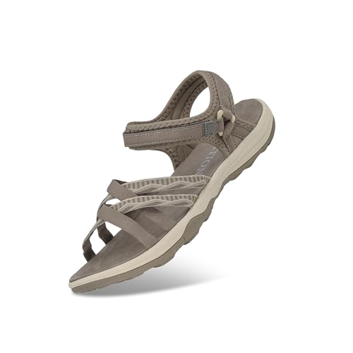 GRITION Frauen Wandernsandalen Sommer Damen Trekking Sport Wasser Schuhe Flach Cross-Tied Beach Peeptoe Verstellbare klettverschluss Walking Schuhe MEHRWEG (40 EU, Taupe/Stein) von GRITION