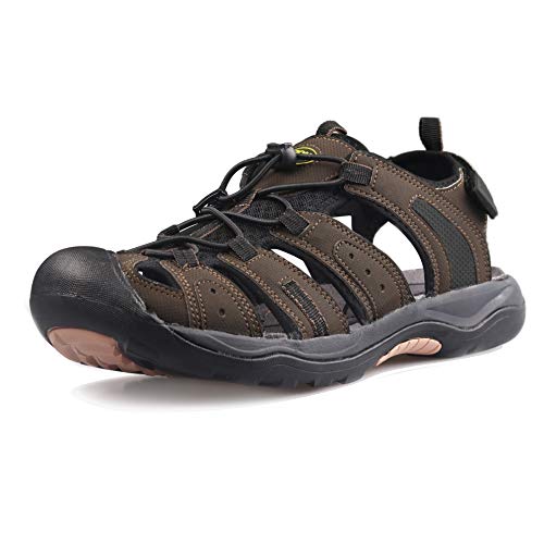 GRITION Trekkingsandalen Herren Geschlossene Zehe Herren Wandern Sandalen Mesh & PU Oberen Verstellbaren Fersenriemen für Sport und Outdoor Wanderschuhe für Sommer Strand (41 EU / 25.83cm, Braun) von GRITION