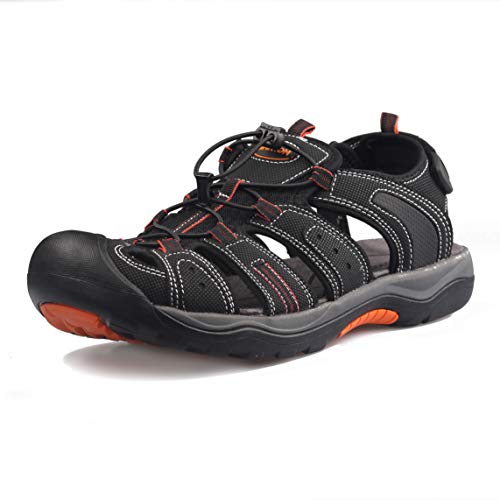 GRITION Trekkingsandalen Herren Geschlossene Zehe Herren Wandern Sandalen Mesh & PU Oberen Verstellbaren Fersenriemen für Sport und Outdoor Wanderschuhe für Sommer (41 EU / 26.53cm, Schwarz/Orange) von GRITION