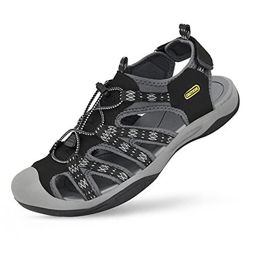 GRITION Herren Trekkingsandalen Geschlossene Zehe, Wasserdichte Wandersandalen für Athletic&Outdoor Leichte Sommer-Strand-Sandale,Frabe:schwarz,Size 46 von GRITION