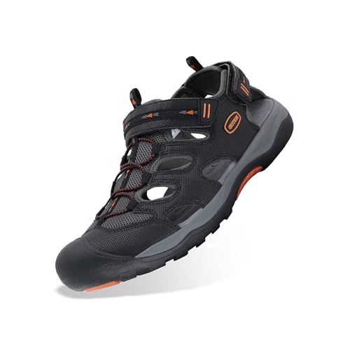 GRITION Herren Wandern Sandalen Outdoor Geschlossene Trekkingsandalen Klettverschluss Verstellbaren Männer Sommer Sandale Sportsandalen Wandersandalen Wasserfest Schuhe 45EU/11.5US Schwarz/Orange von GRITION