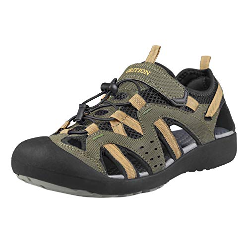 GRITION Herren Wandern Sandalen Outdoor Geschlossene Trekkingsandalen Klettverschluss Verstellbaren Männer Sommer Sandale Sportsandalen Wandersandalen Wasserfest Schuhe Khaki MEHRWEG (45 EU) von GRITION