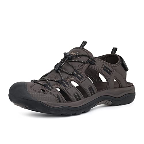 GRITION Herren Wandern Sandalen Outdoor Trekkingsandalen Verstellbaren Geschlossene Zehe Männer Sommer Sport Wanderschuhe Wasserfest Sandale Klettverschluss Lose Beach MEHRWEG (40 EU, Braun) von GRITION