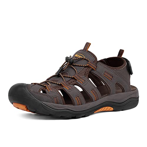 GRITION Herren Wandern Sandalen Outdoor Trekkingsandalen Verstellbaren Geschlossene Zehe Männer Sommer Sport Wanderschuhe Wasserfest Sandale Klettverschluss Lose Beach MEHRWEG (40 EU, Braun Orange) von GRITION