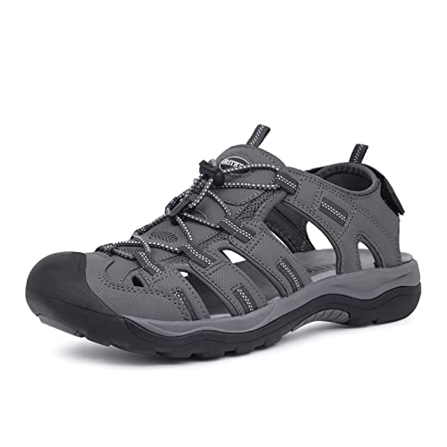 GRITION Herren Wandern Sandalen Outdoor Trekkingsandalen Verstellbaren Geschlossene Zehe Männer Sommer Sport Wanderschuhe Wasserfest Sandale Klettverschluss Lose Beach MEHRWEG (40 EU, Grau) von GRITION