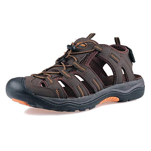 GRITION Herren Wandern Sandalen Outdoor Trekkingsandalen Verstellbaren Geschlossene Zehe Männer Sommer Sport Wanderschuhe Wasserfest Sandale Klettverschluss Lose Beach MEHRWEG (43 EU, Braun) von GRITION