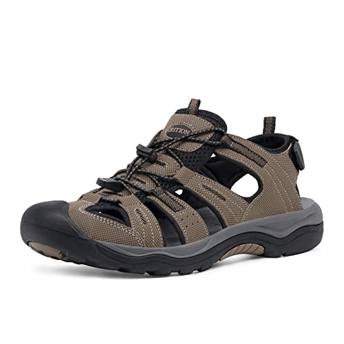 GRITION Outdoor Sandalen Herren, Verstellbaren Trekkingsandalen Herren Wandersandalen Geschlossene Zehe zum Sommer Sport Strand Braun 41EU MEHRWEG von GRITION