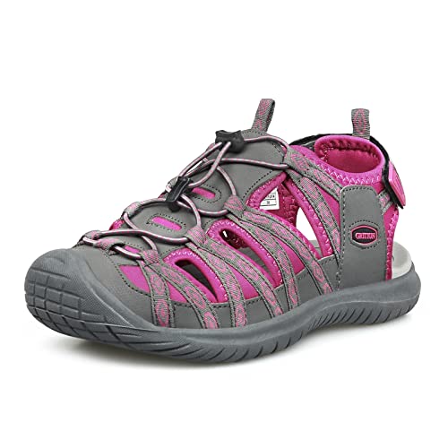 GRITION Sommer Wandersandalen für Damen, Schuhe Damen Sandalen Leicht, Sport Trekkingsandalen Outdoor Frauen, MEHRWEG Graufuxia 37EU von GRITION