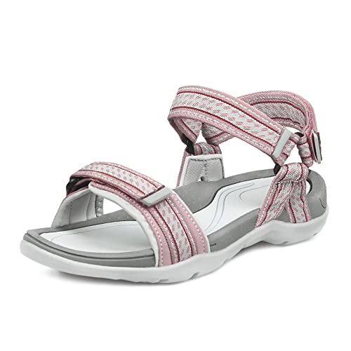 GRITION Trekkingsandalen Damen Flache Sandalen, Sommer Schuhe Damen Leicht, Outdoor Atmungsaktiv Wandersandalen für Frauen, MEHRWEG Rosa/white 37EU von GRITION