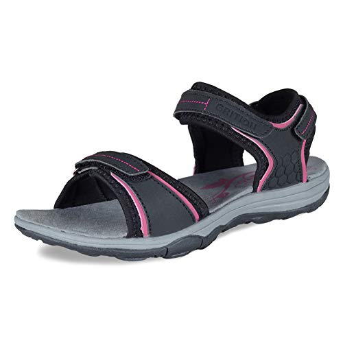 GRITION Trekkingsandalen Damen Latex & Mesh Futter mit offenen Zehen Bequeme weiche Wanderschuhe Atmungsaktiver verstellbarer Robuster rutschfester Sommer Outdoor Flach Breite (36, Schwarz) MEHRWEG von GRITION