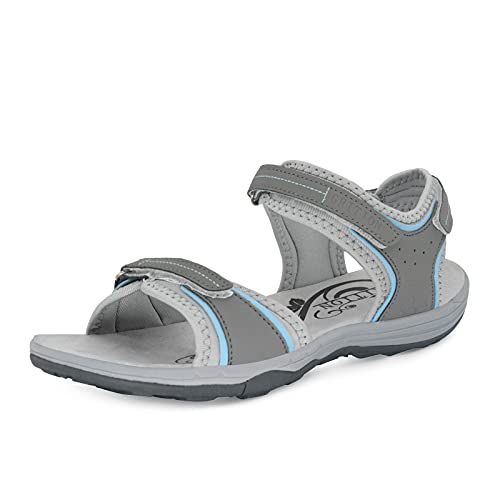 GRITION Trekkingsandalen Damen Latex & Mesh Futter mit offenen Zehen Bequeme weiche Wanderschuhe Atmungsaktiver verstellbarer Robuster rutschfester Sommer Outdoor Flach Breite (36, Grau Blau) MEHRWEG von GRITION