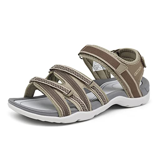 GRITION Trekkingsandalen Damen Sommer, Verstellbar Flach Wandersandalen Bequeme Outdoor Sandalen Frauen Offene Zehe Sandale Sportsandalen Leicht Strand Wasser Schuhe Beige/stone MEHRWEG (38EU) von GRITION