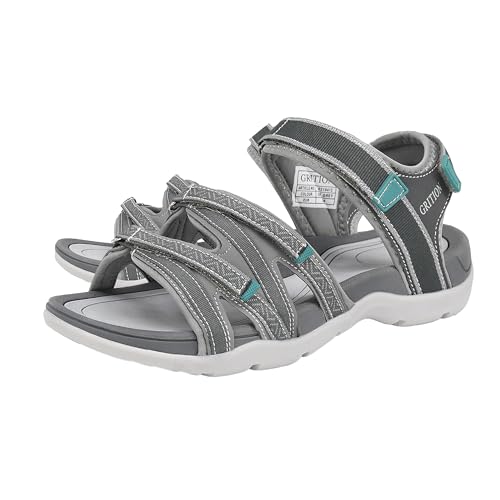 GRITION Trekkingsandalen Damen Sommer, Verstellbar Flach Wandersandalen Bequeme Outdoor Sandalen Frauen Offene Zehe Sandale Sportsandalen Leicht Strand Wasser Schuhe GrünGrau MEHRWEG (38EU) von GRITION
