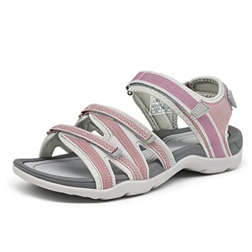 GRITION Trekkingsandalen Damen Sommer, Verstellbar Flach Wandersandalen Bequeme Outdoor Sandalen Frauen Offene Zehe Sandale Sportsandalen Leicht Strand Wasser Schuhe Rosa pink MEHRWEG (38EU) von GRITION