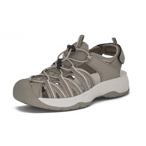 GRITION Trekkingsandalen Damen Sommer, Verstellbar Wandersandalen Frauen Outdoor Geschlossene Zehe Sandalen Leicht Bequeme Wandern Sandale Trekking Sport Strand Wasser Schuhe Beige (37EU) von GRITION