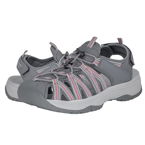 GRITION Trekkingsandalen Damen Sommer, Verstellbar Wandersandalen Frauen Outdoor Geschlossene Zehe Sandalen Leicht Bequeme Wandern Sandale Trekking Sport Strand Wasser Schuhe Grau Rosa 2313(40EU) von GRITION