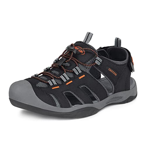 GRITION Trekkingsandalen Outdoor Herren Leicht, Outdoor Wandersandalen Atmungsaktive, Geschlossene Toe Sandalen Herren, Waschbares Obermaterial， MEHRWEG Schwarz Orange 41EU von GRITION