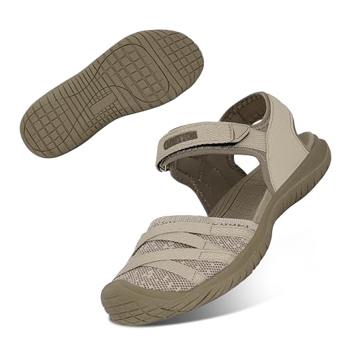 GRITION Wandersandalen Frauen Bequem Geschlossene Zehe Leichte Outdoor-Sport-Sandalen Verstellbar Atmungsaktiv Wasserdicht Für Strand Sommer Beigefarben 39EU von GRITION