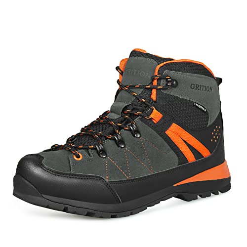 GRITION Wanderschuhe Herren Wasserdichter Wildlederimitat Trekking- & Wanderstiefel Männer Trekkingschuhe Rutschfest Leicht Schnürsenkel Outdoorschuhe Winter Stiefel Schuhe Grau Orange MEHRWEG (43 EU) von GRITION