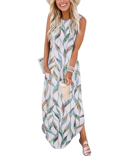 GRMLRPT Ärmelloses Maxikleid mit Rundem Ausschnitt Kleider Blumen Druckmuster Lässiges Leichtes Sommerkleid für Strandurlaub Reisen Freizeit Damenmode 2025 mit Seitenschlitzen(Grün,M) von GRMLRPT