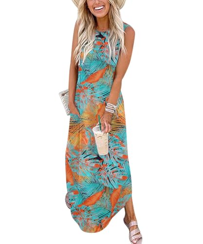 GRMLRPT Ärmelloses Maxikleid mit Rundem Ausschnitt Kleider Blumen Druckmuster Lässiges Leichtes Sommerkleid für Strandurlaub Reisen Freizeit Damenmode 2025 mit Seitenschlitzen(Orange,M) von GRMLRPT