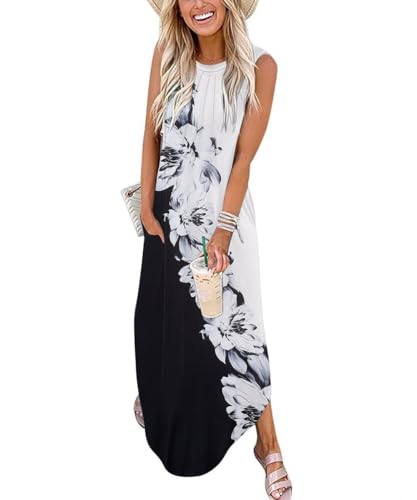 GRMLRPT Ärmelloses Maxikleid mit Rundem Ausschnitt Kleider Blumen Druckmuster Lässiges Leichtes Sommerkleid für Strandurlaub Reisen Freizeit Damenmode 2025 mit Seitenschlitzen(Schwarz,XL) von GRMLRPT
