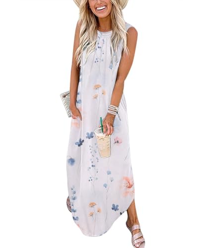 GRMLRPT Ärmelloses Maxikleid mit Rundem Ausschnitt Kleider Blumen Druckmuster Lässiges Leichtes Sommerkleid für Strandurlaub Reisen Freizeit Damenmode 2025 mit Seitenschlitzen(Weiß,XL) von GRMLRPT