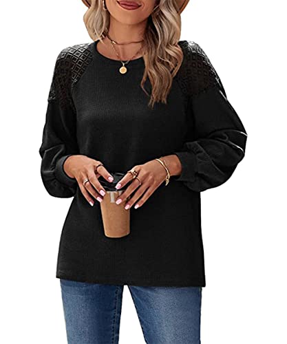 GRMLRPT Bluse Oberteile Damen Langarm Tops Halbspitze Ärmel Casual Waffelstoff Langarmshirt Lose Blusen T-Shirts Tunika Tops Rundkragen(Schwarz,M) von GRMLRPT