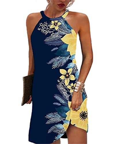 GRMLRPT Damen Ärmellos Kleider Minikleider A Linie Sommerkleid Elegant Strandkleid Partykleid Sommer Modisch Kleider Freizeitkleider Rundhals Ärmellose Kurz Kleid(Gelb,L) von GRMLRPT