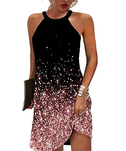 GRMLRPT Damen Ärmellos Kleider Minikleider A Linie Sommerkleid Elegant Strandkleid Partykleid Sommer Modisch Kleider Freizeitkleider Rundhals Ärmellose Kurz Kleid(Rosa,S) von GRMLRPT