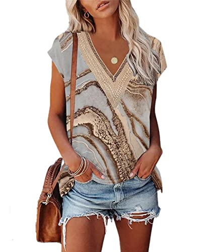 GRMLRPT T-Shirts Sommer Damen Oberteile Kurzarm V-Ausschnitt Tops Basic Einfarbige Tunika Lässig Bluse Elegant Loose Casual Flügelärmeln(Beige,XL) von GRMLRPT