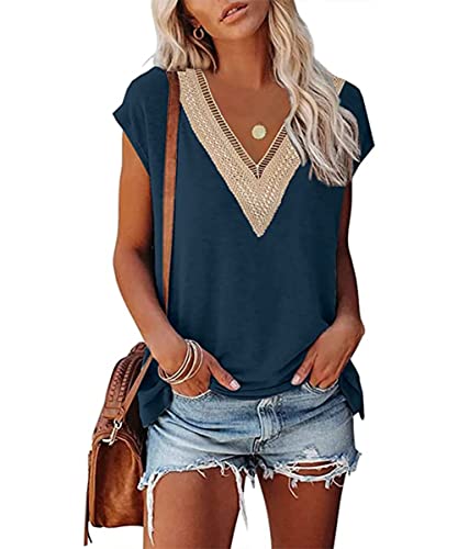 GRMLRPT T-Shirts Sommer Damen Oberteile Kurzarm V-Ausschnitt Tops Basic Einfarbige Tunika Lässig Bluse Elegant Loose Casual Flügelärmeln(Blau,L) von GRMLRPT