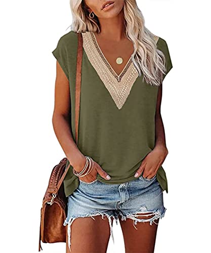 GRMLRPT Damen Ärmellos V-Ausschnitt Bluse Elegant Flügelärmeln Loose Casual T-Shirts Sommer Tops Oberteile Basic Einfarbige Tunika Lässig(Grün,L) von GRMLRPT