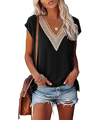 GRMLRPT Damen Ärmellos V-Ausschnitt Bluse Elegant Flügelärmeln Loose Casual T-Shirts Sommer Tops Oberteile Basic Einfarbige Tunika Lässig(Schwarz,XXL) von GRMLRPT