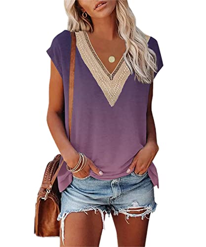 GRMLRPT Damen Ärmellos V-Ausschnitt Bluse Elegant Flügelärmeln Loose Casual T-Shirts Sommer Tops Oberteile Basic Einfarbige Tunika Lässig(Violett,L) von GRMLRPT