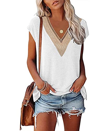 GRMLRPT Damen Ärmellos V-Ausschnitt Bluse Elegant Flügelärmeln Loose Casual T-Shirts Sommer Tops Oberteile Basic Einfarbige Tunika Lässig(Weiß,M) von GRMLRPT